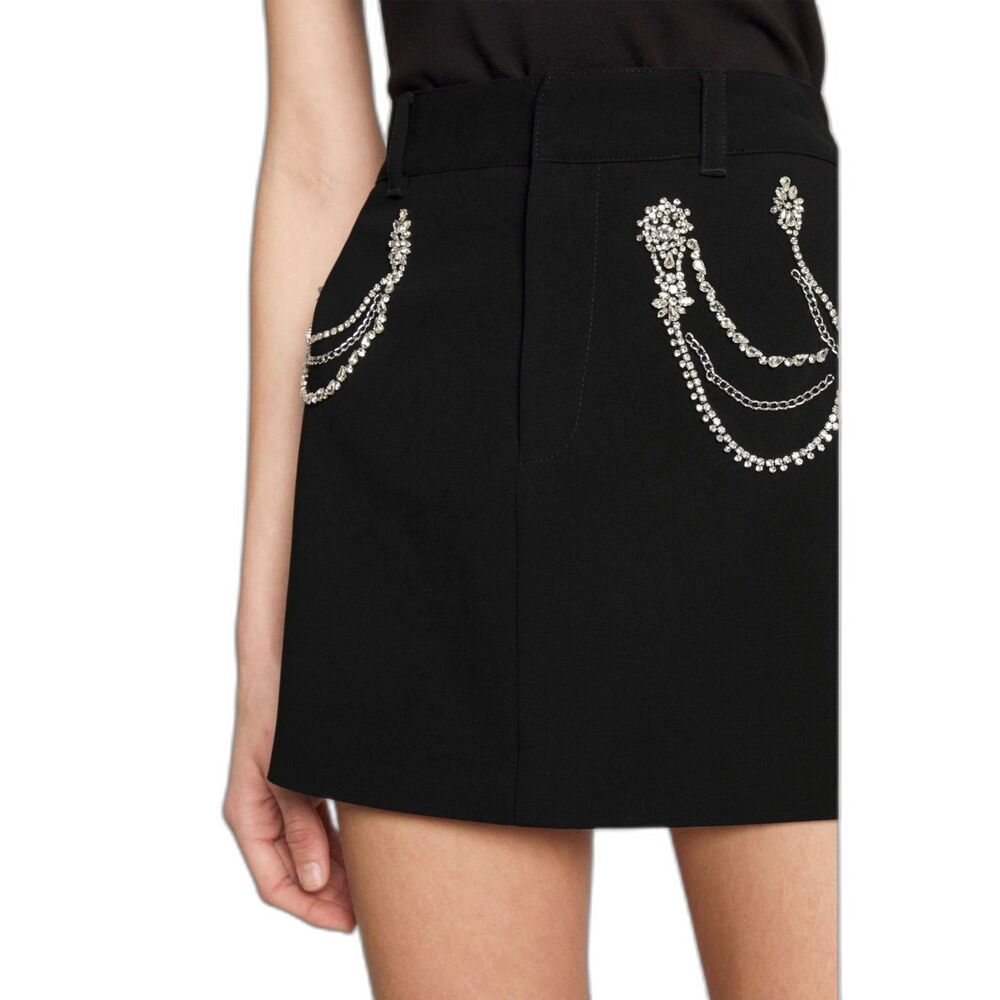 Cinq à Sept Rosalia Rhinestone Chain Crepe Mini Skirt Black 0 Pristine